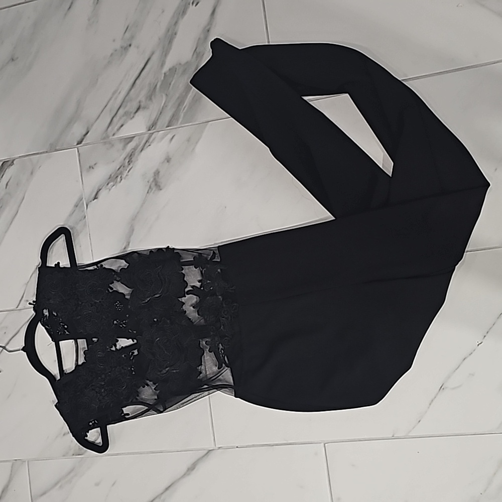 Ladies sexy pant suit one piece small all black with lace top covering breast